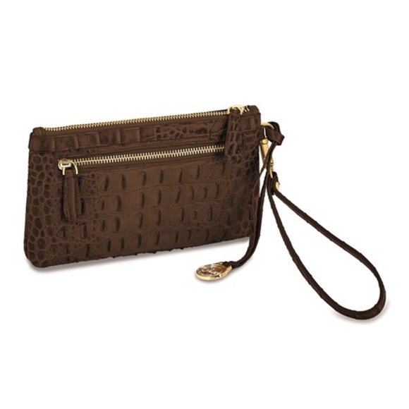 Brown Top Grain Leather Croc Texture RFID Brown Clutch Purse Handbag crossbody